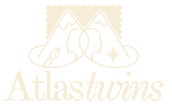 Atlas Twins logo: two mountains over a postage stamp, with twin profiles, a fountain pen and a compass star
