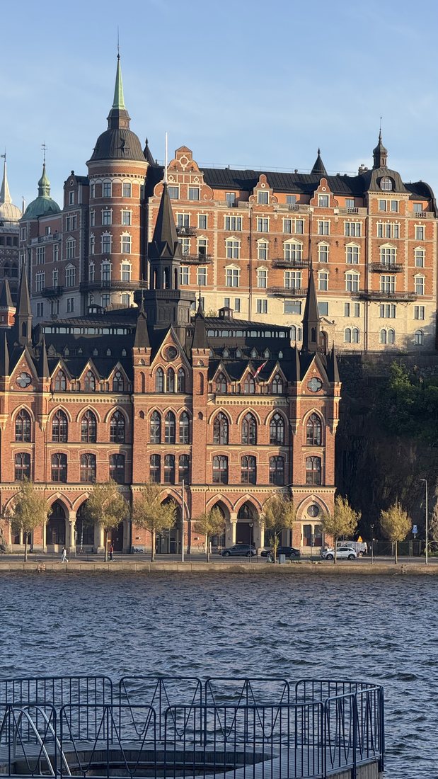 Brick palaces on the Stockholm waterfront in golden light