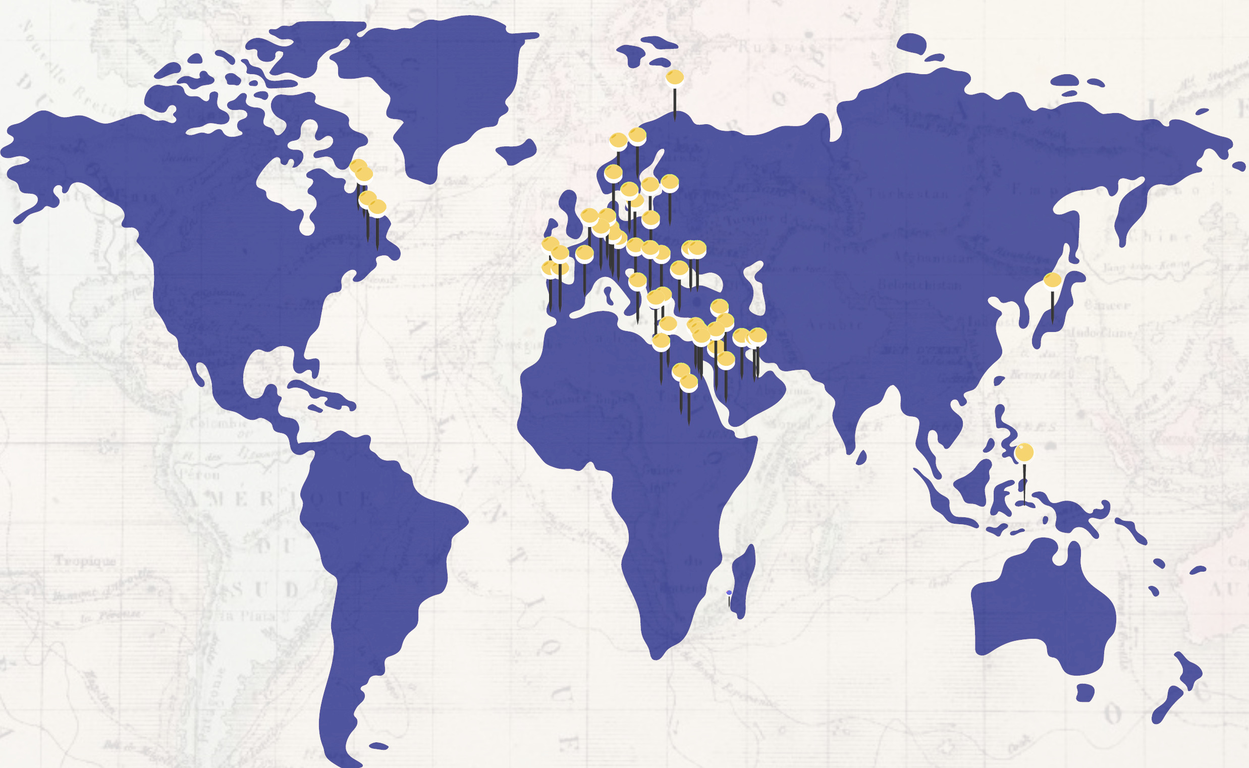 World map with pins on every country we've visited across Europe, the Middle East, North Africa, North America, Japan and Indonesia